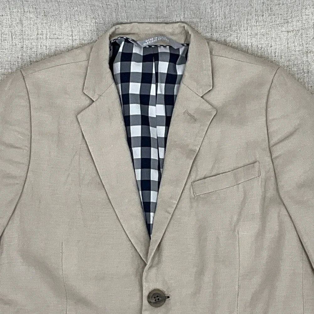 Nordstrom Blazer Kids‎ Sz 7 Tan Linen Gingham Lined Classic Preppy Suit Jacket